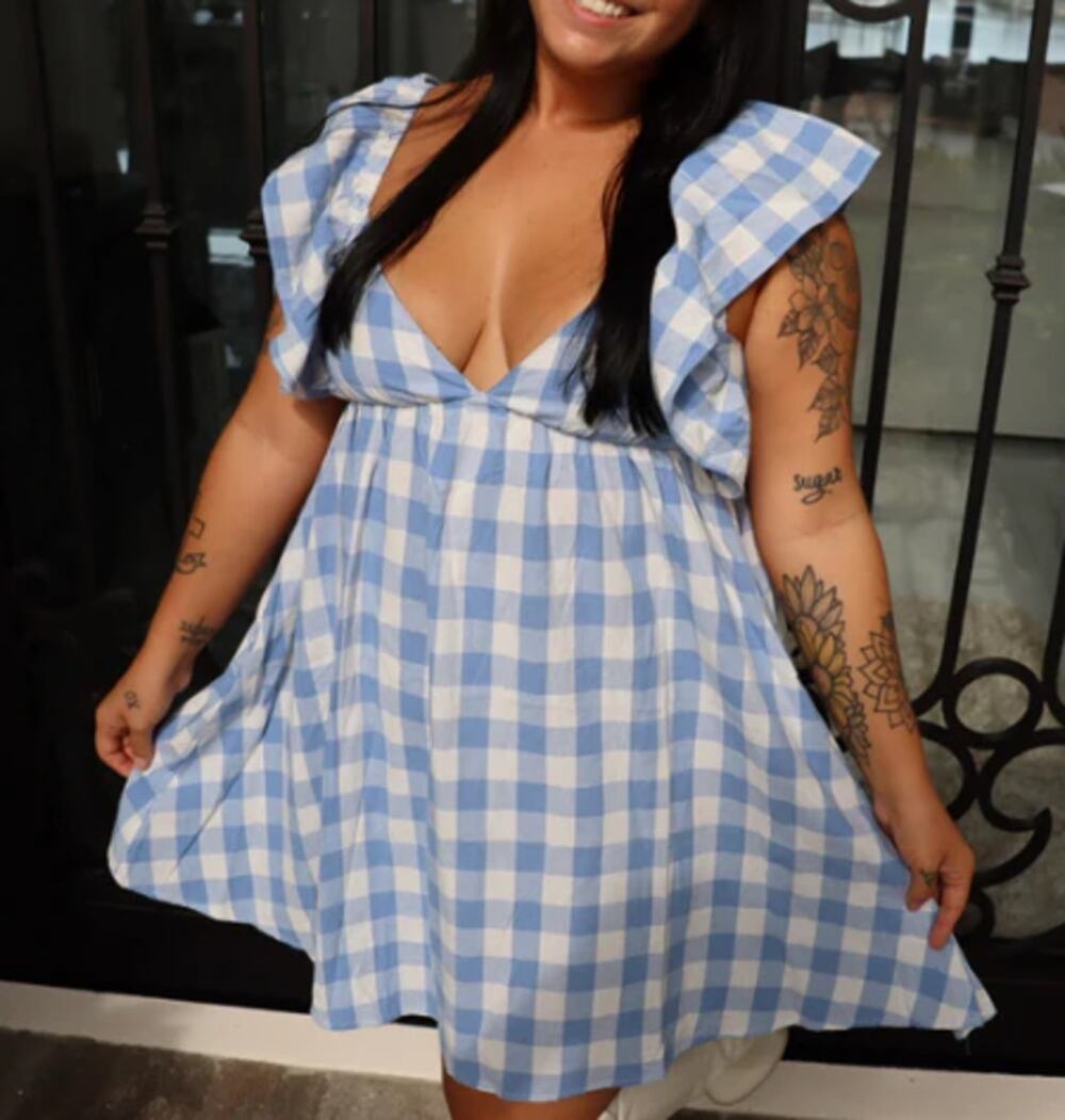 BIBI BIG CHECK GINGHAM WOVEN SWEETHEART DRESS W/ BACK TIE Blue White Medium NWT